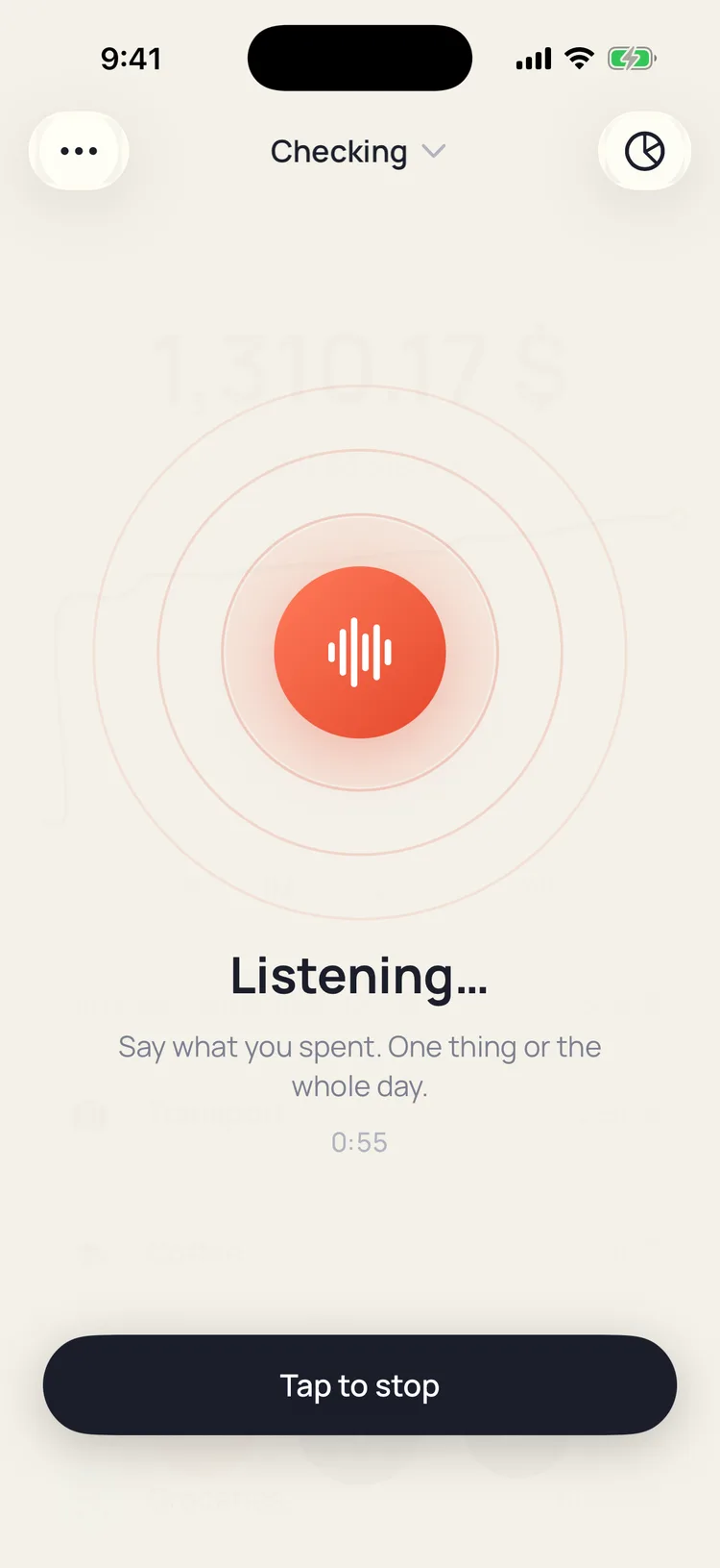 Voice capture overlay: the coral mic core inside three rings, the word Listening, and a Tap to stop button