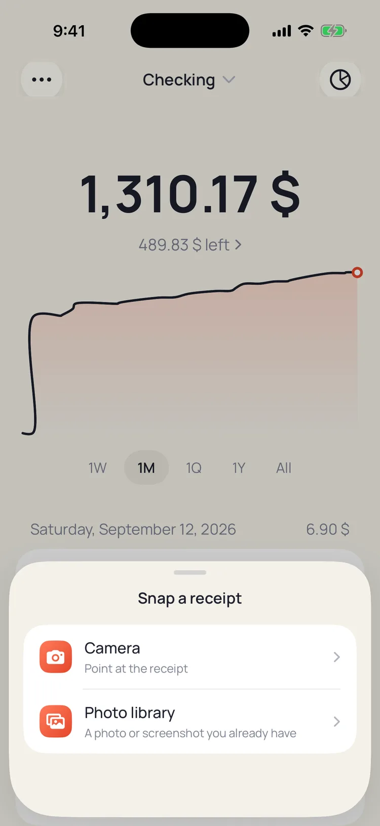 Snap a receipt sheet with two options: Camera to point at the receipt, and Photo library for a photo or screenshot you already have