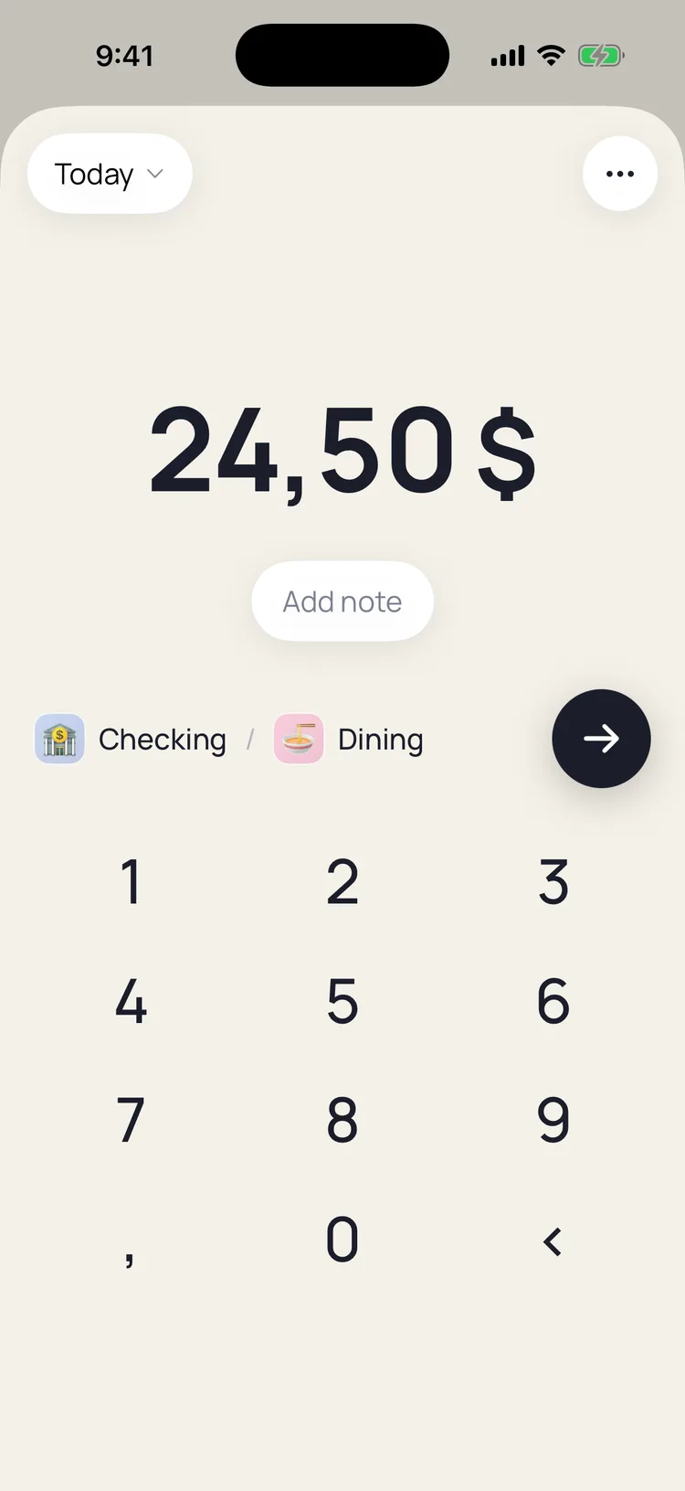 Keypad entry: 24,50 $ typed on the keypad with the Dining tag chip selected and a Today date pill
