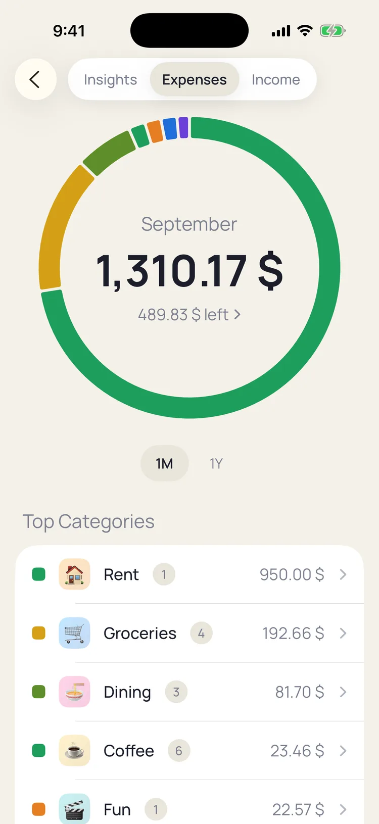 Expenses tab: a September donut chart split by category, with Rent, Groceries and Dining as the top categories