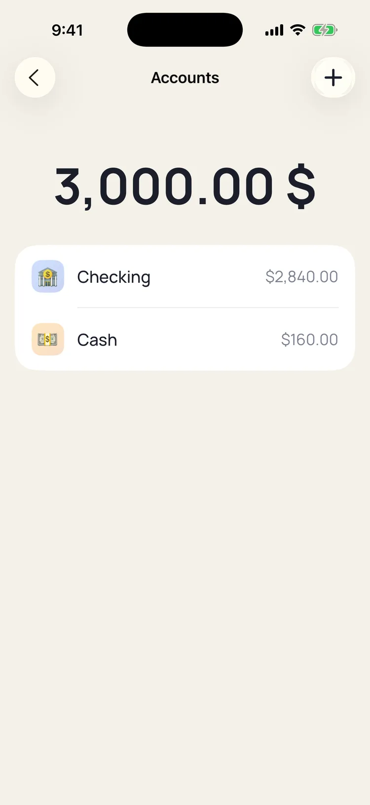 Accounts screen: net worth 3,000.00 $ over a card listing the Checking and Cash accounts